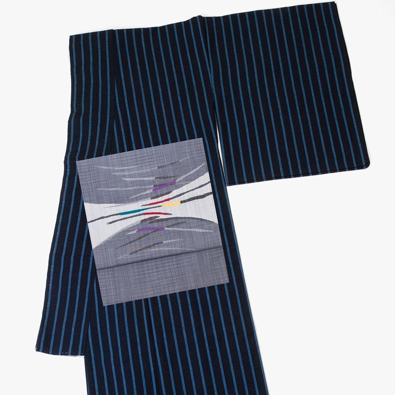 美品‼️会津木綿着物　単衣　黒無地 単衣 紬 黒無地に青 ゆったりサイズ - からん::アンティーク着物
