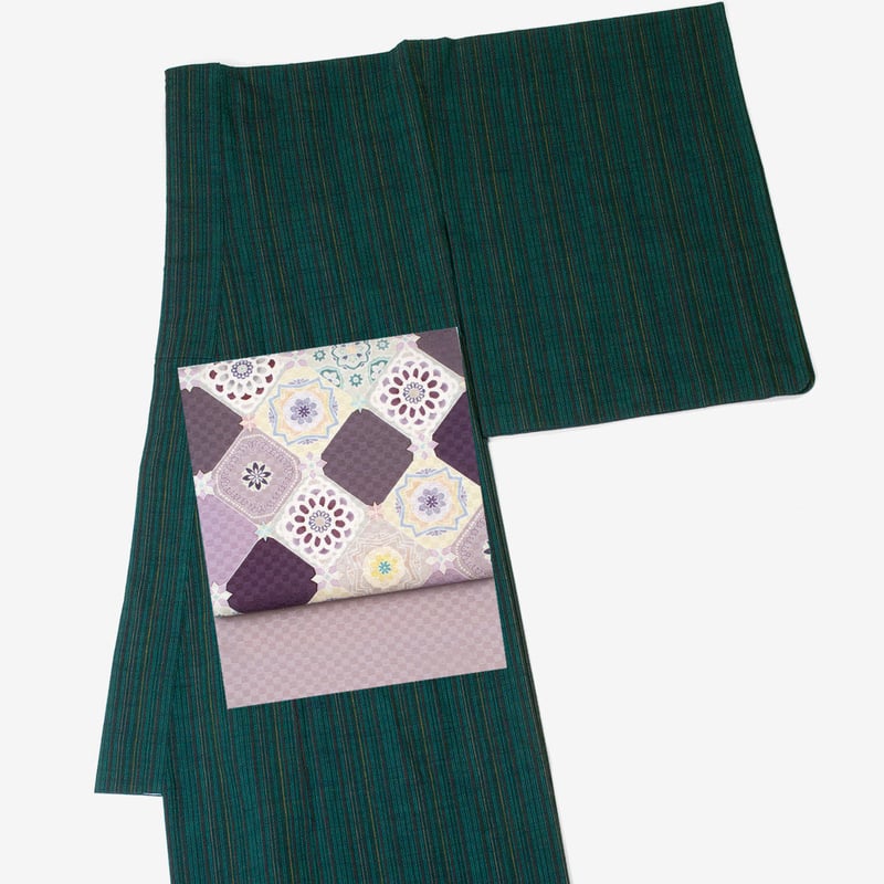 会津木綿 きもの 細縞 グリーン レディース お仕立て込み | Daizenya