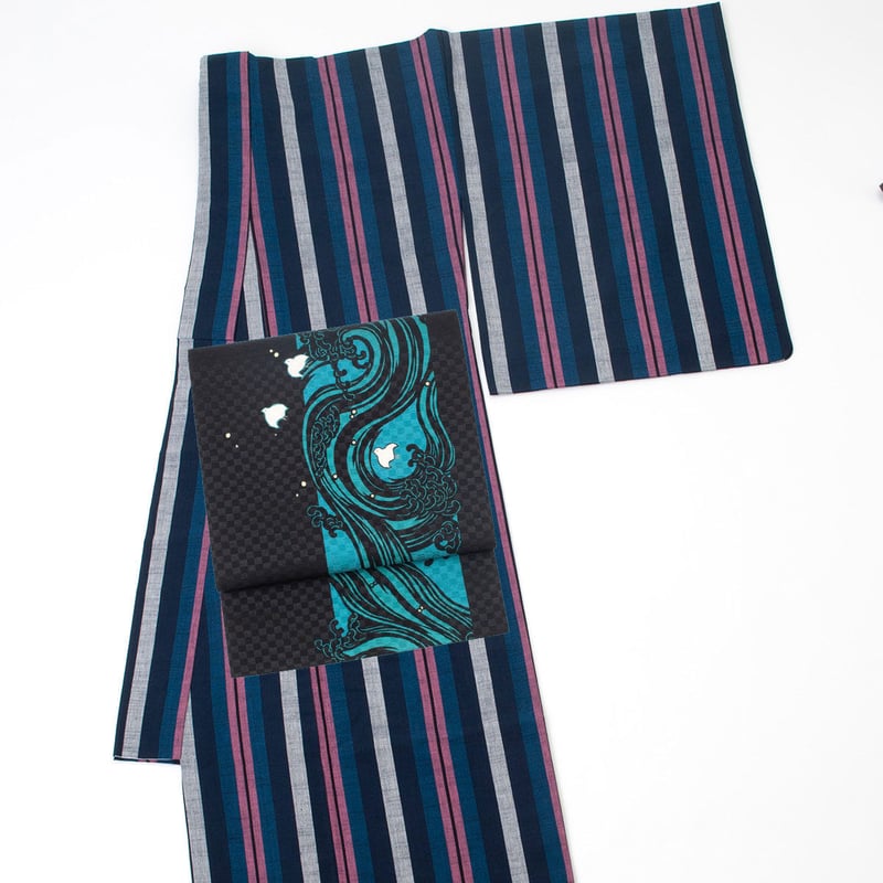 会津木綿 きもの 太縞（ ピンク／ネイビー／グレー）レディース