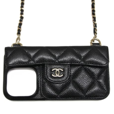 CHANEL iPhone14 Pro Case with Chain Quilted Caviar Black #74659