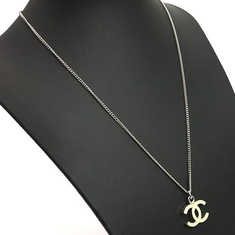 CHANEL CC Logo Pendant Necklace Silver-toned White 05V #18426