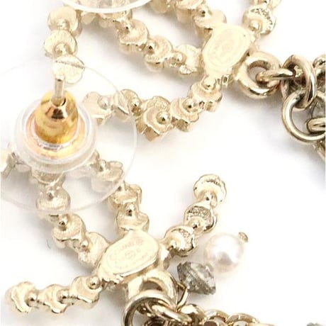 CHANEL CC Logo Chain Dangle Pierced Earrings Faux Pearl Crystal Gold-toned A18B #18827