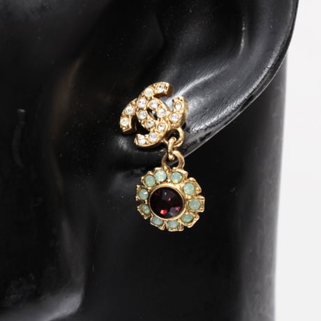 CHANEL CC Logo Flower Dangle Pierced Earrings Crystal Gold-toned #75108