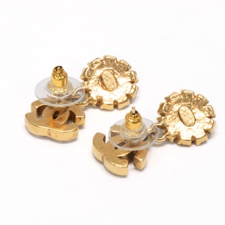 CHANEL CC Logo Flower Dangle Pierced Earrings Crystal Gold-toned #75108
