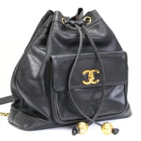 CHANEL CC Logo Drawstring Backpack with CC Turn Lock Caviar Black #74706