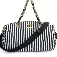 CHANEL Coco Beach Collection CC Logo Bowling Bag Quilted Striped Nylon #19273