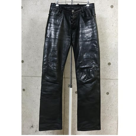 Chrome Hearts Fleur Knee Leather Pants with Cross Patch #102433
