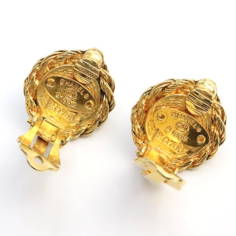 CHANEL Vintage Button Clip-on Earrings Gripoix Faux Pearl Gold-toned #19161