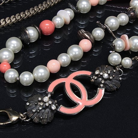 CHANEL Long Necklace Crystal Faux Pearl Silver-toned Pink 05C #72084