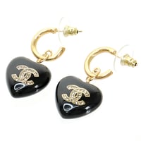 CHANEL CC Logo Heart Dangle Pierced Earrings Black Resin Gold-toned 21A #16746