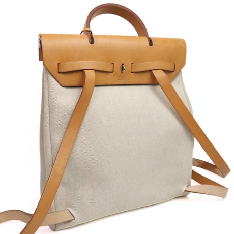 HERMES Herbag Ado PM Toile H Vache Hunter Leather Light Brown ＃18545