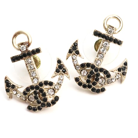 CHANEL CC Logo Anchor Motif Pierced Earrings Crystal Gold-toned 18A #18655