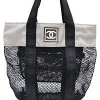 CHANEL Sports Line Shoppoing Mesh Tote Bag Nylon Gray Black #74407