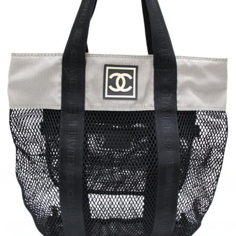 CHANEL Sports Line Shoppoing Mesh Tote Bag Nylon Gray Black #74407