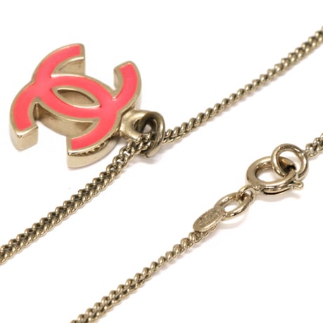 CHANEL CC Logo Pendant Necklace Golg-toned Pink 04A #74604