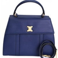 CELINE Triomphe Flap Top Handle Bag Leather Blue #74286