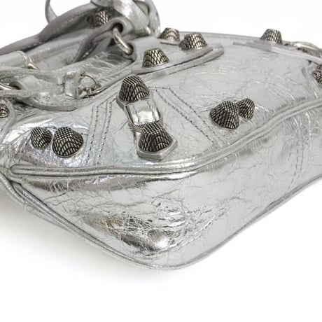 BALENCIAGA Nano Cagole Shoulder Bag Leather Metallic Silver＃19476