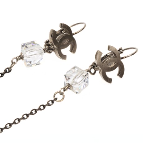 CHANEL CC Logo Acrylic Cube Dangle Pierced Earrings Silver-toned 08P ＃74090
