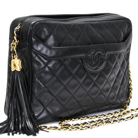 CHANEL Camera Bag with Fringe Charm Quilted Lambskin Black #75168