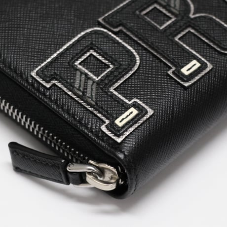 PRADA Logo Patches Zip-around Wallet Saffiano Leather Black 230-E #75058