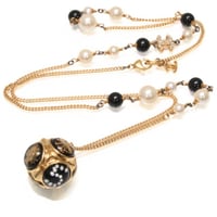 CHANEL Ball Pendant Necklace Faux Pearl Crystal Gold-toned D20B #74842