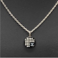CHANEL CC Logo Rounded Pendant Necklace Resin Silver-toned Black 05P #75107