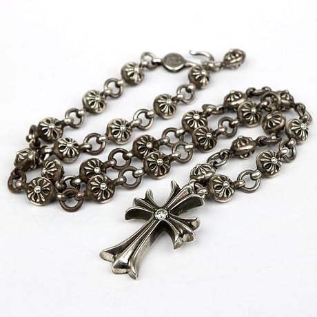Chrome Hearts Small CH Cross 1P Diamond Pendant with Cross Ball Necklace 20Inches #103605