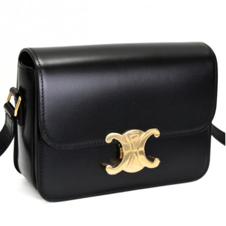 CELINE Teen Triomphe Shoulder Bag Calf Leather Black #74285
