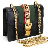 GUCCI Mini Sylvie Flap Shoulder Bag Leather Black #73396