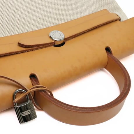 HERMES Herbag Ado PM Toile H Vache Hunter Leather Light Brown ＃18545