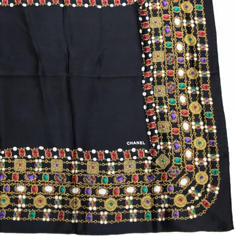 CHANEL Vintage Silk 100% Scarf Stole Black #73452