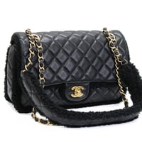 CHANEL Shearling Muff Flap Bag Quilted Lambskin Black ＃74773