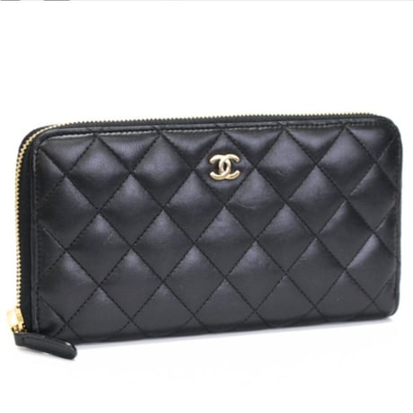 CHANEL Zip-around Wallet Quilted Lambskin Black #75056