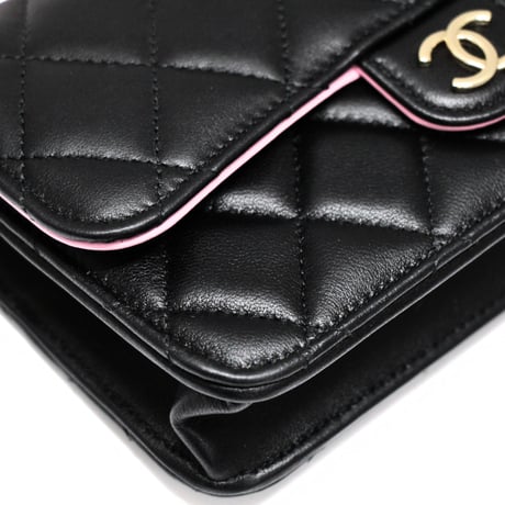CHANEL Top Handle Flap Wallet on Chain Quilted Lambskin Black Pink #74657