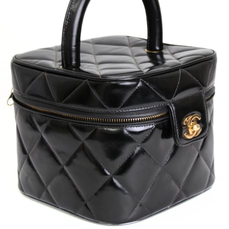 CHANEL Square Vanity Bag Quilted Patent Black #74281