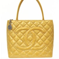 CHANEL Medallion Tote Bag Quilted Patent Yellow #74779