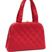 CHANEL CC Logo Kisslock Handbag Quilted Jersey Red #74786