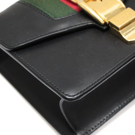 GUCCI Mini Sylvie Flap Shoulder Bag Leather Black #73396