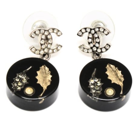 CHANEL CC Logo Dangle Pierced Earrings Crystal Silver-toned Resin 11A #72483