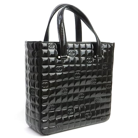 CHANEL Chocolate Bar Tote Bag Quilted Patent Black #75240