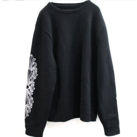CHROME HEARTS Floral Cross Embroidered Sleeve Cashmere Sweater Black #31177
