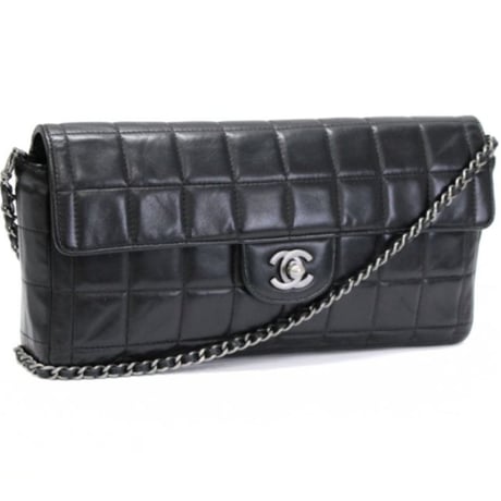 CHANEL Chocolate Bar East West Flap Bag Quilted Lambskin Black ＃75022