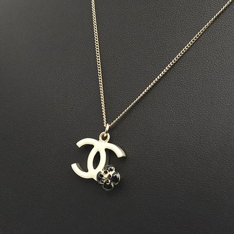 CHANEL CC Logo Camelia Pendant Necklace Gold-toned White B12P #18515