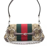 GUCCI Small Horsebit Chain Shoulder Bag GG Canvas Beige #74976