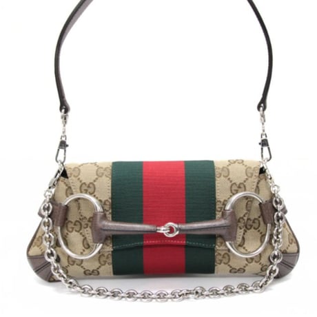 GUCCI Small Horsebit Chain Shoulder Bag GG Canvas Beige #74976