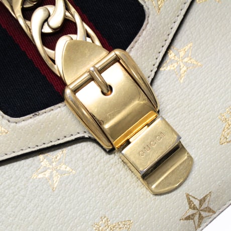 GUCCI Mini Sylvie Bee Star Top Handle Flap Bag Leather Ivory #72922