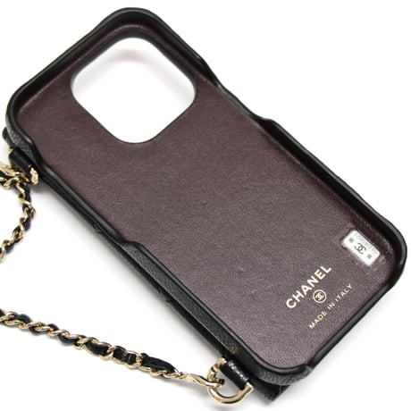 CHANEL iPhone14 Pro Case with Chain Quilted Caviar Black #74659