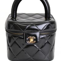 CHANEL Square Vanity Bag Quilted Patent Black #74281