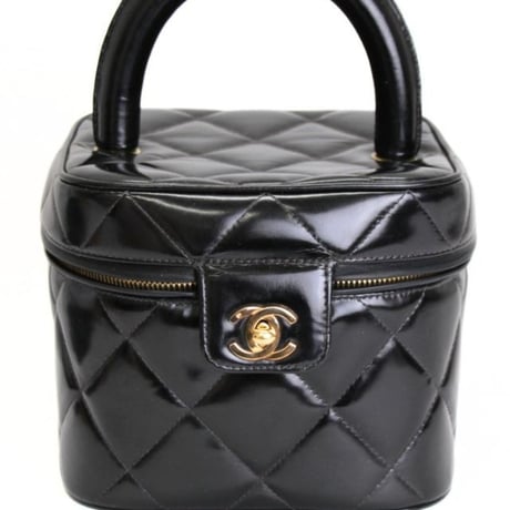 CHANEL Square Vanity Bag Quilted Patent Black #74281
