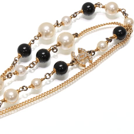CHANEL Ball Pendant Necklace Faux Pearl Crystal Gold-toned D20B #74842